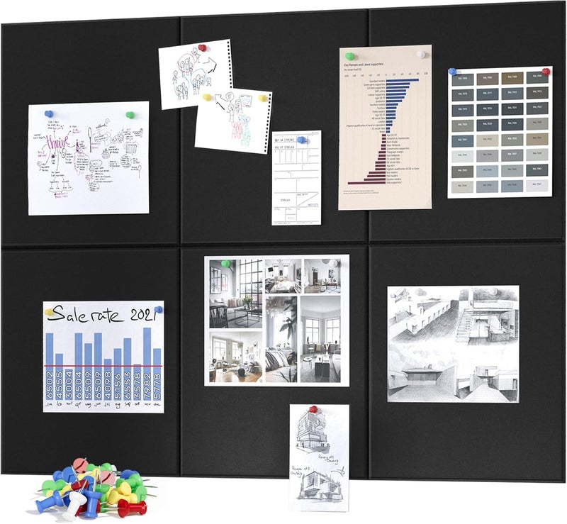 Neatsure Large Cork Board for Wall, Black Felt Bulletin Board with Pushpins, 36" x 24" 6 Panels Wall Tiles, Tack Push Pin Boards for Office - Image 1